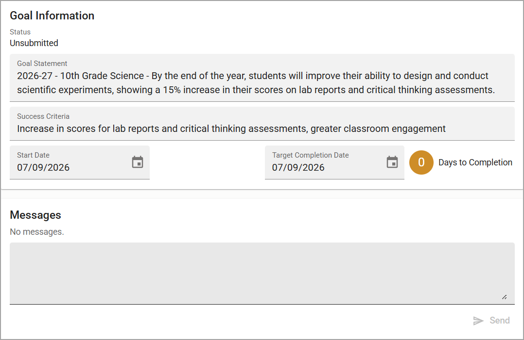 Goal information for 10th grade science, including success criteria and completion dates.